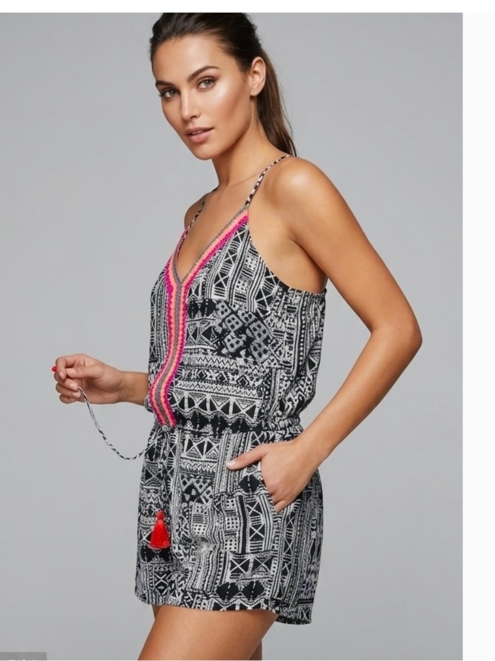 New Blue Island Printed Romper Beach Cover Up Holiday Summer Kaftan Style Medium